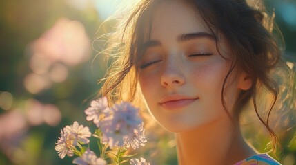 Fototapeta premium Young woman with brown hair enjoying a flower in a serene park setting soft sunlight creating a dreamy atmosphere