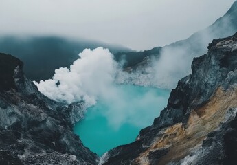 Breathtaking Aerial View of a Turquoise Crater Lake Surrounded by Volcanic Mountains with Steam Emitting from the Ground Under a Cloudy Sky