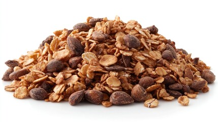 Obraz premium Delicious granola mixture with oats and nuts piled on a clean white background ideal for healthy snack promotion or recipe illustrations