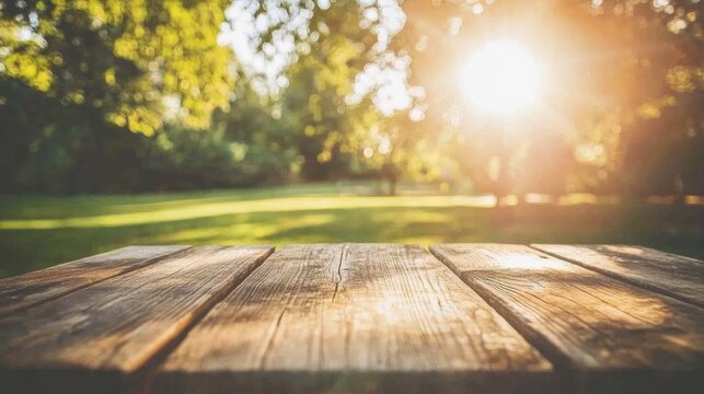 Rustic wooden table top in a sunlit park with blurred greenery creating a perfect backdrop for product display and visual mockups.
