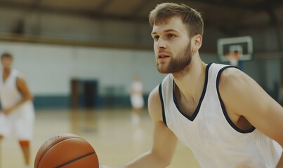 Naklejka premium Young male basketball player playing game on court, Generative AI 