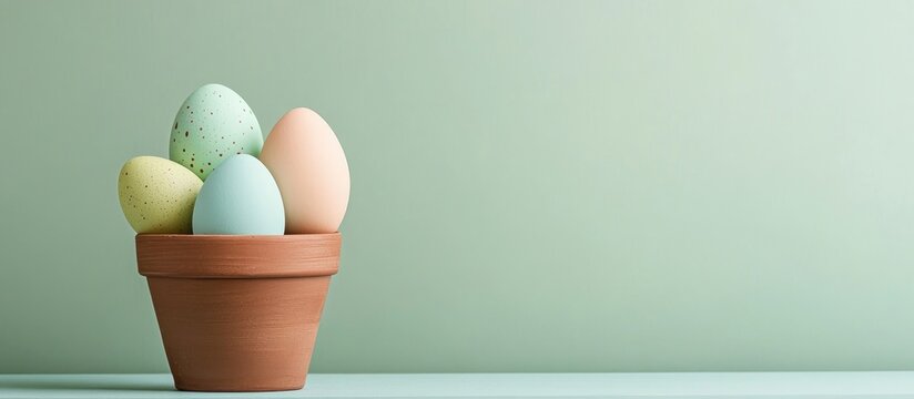Colorful Easter eggs in a terracotta pot on a soft green backdrop for spring and holiday decor concepts.