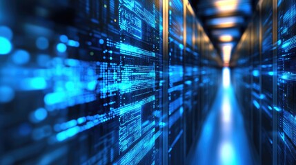 IT Specialist Programming with Multiple Monitors in Modern Data Center Featuring High-Tech Software and Vibrant Blue Data Streams