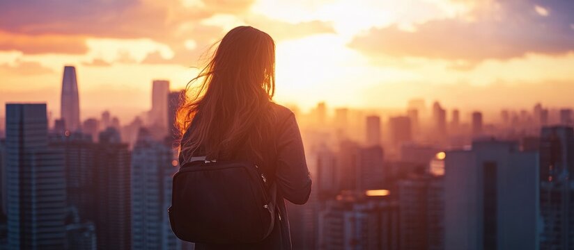 Woman admiring a vibrant city skyline during sunset with a backpack creating a serene and reflective atmosphere in an urban landscape