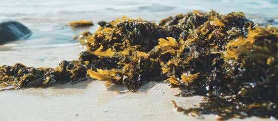 Seaweed on sandy beach with gentle waves showcasing natural coastal habitat and marine ecosystem at sunset.