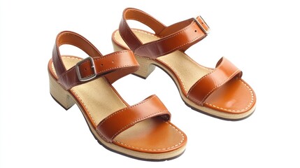 Stylish brown high heel sandals with strap design isolated on white background for fashion and footwear marketing purposes