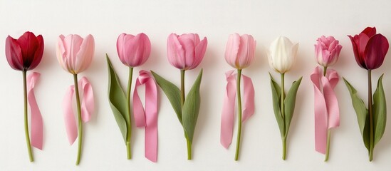 Fototapeta premium Tulip bouquet with George ribbon on a white background showcasing vibrant colors and delicate floral arrangements