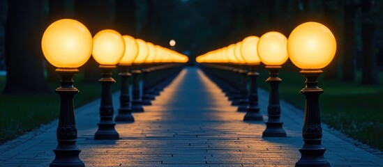 Obraz premium Pathway illuminated by vintage lamp posts casting warm light in a dark serene park creating a tranquil evening atmosphere.