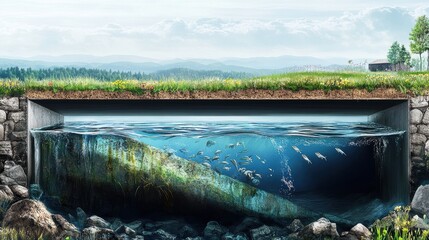 A illustration of An animated cross-section of a water aqueduct delivering clean water to urban and rural areas 