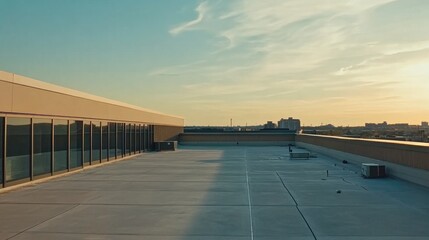 Fototapeta premium Modern Industrial Rooftop at Sunset with Clear Sky and Cityscape View