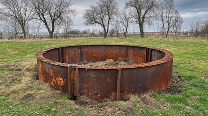 Fototapeta premium Excavated rusty bore pile at a construction site awaiting cutting to design specifications surrounded by bare trees and grass.