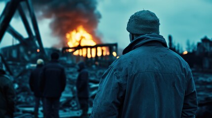 Abandoned nuclear station aftermath scene with crowd observing fire and destruction in a post-apocalyptic setting during twilight hours