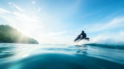 A man is riding a jet ski on a lake