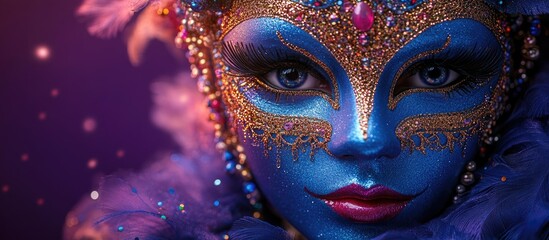Festive blue masquerade mask with vibrant beads and feathers on a purple backdrop showcasing carnival decoration in dramatic lighting.