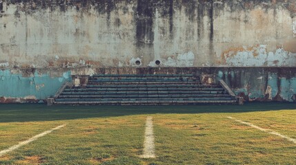 Obraz premium Old soccer stadium with faded seats, weathered walls, and worn field 