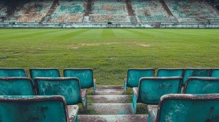 Obraz premium Old soccer stadium with faded seats, weathered walls, and worn field 