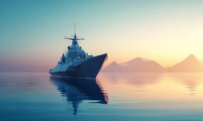 Obraz premium A sleek, modern warship anchored in calm waters during a serene sunset.