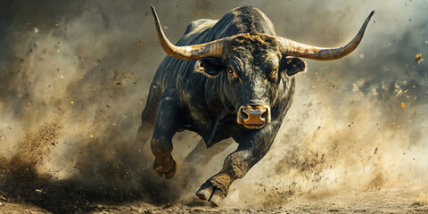 Bull angry wild, powerful strong aggressive running power, intimidating beast attack ferocious animal