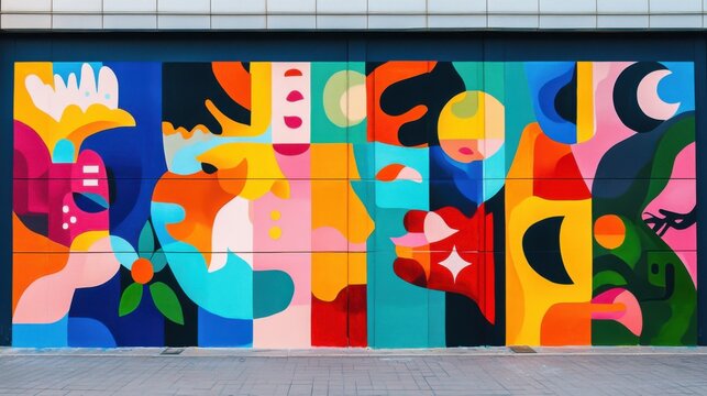 A vibrant mural with abstract figures and patterns representing various cultures, adorning a city wall, Symbolizing the dynamic and colorful expression of cultural diversity