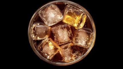 Refreshing glass of cola with ice cubes isolated on black background viewed from above