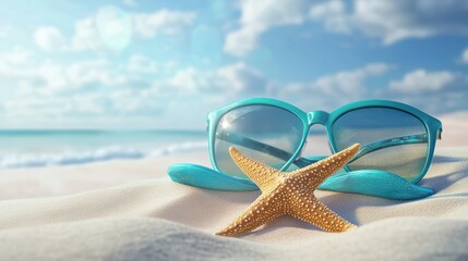 Beautiful colorful background for summer beach holiday. Sunglasses, starfish, turquoise flip-flops on sandy tropical beach against blue sky with clouds on bright sunny day.