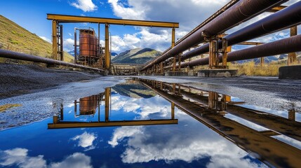 Industrial landscape featuring reflective steel pipelines and equipment under a dramatic sky with mountains in the background