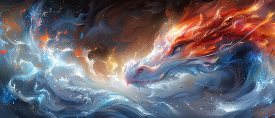 Fantasy dragon breathing fire and water in a mystical swirl of colors