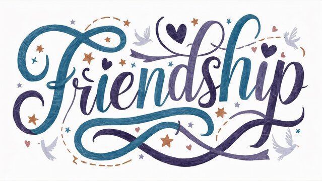 Friendship Calligraphy Design, Teal Purple Lettering with Stars, Hearts & Doves - Perfect for Cards, Prints & More
