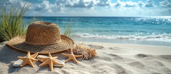 Beach essentials laid out on sand with straw hat starfish and flip flops against a picturesque ocean backdrop with gentle waves.