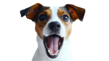 Happy dog with an open mouth and bright eyes.