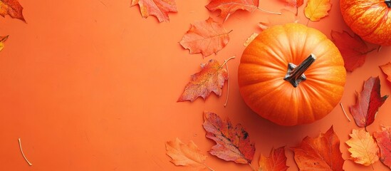 Thanksgiving typography design with pumpkin and colorful maple leaves on vibrant orange background for festive seasonal decor