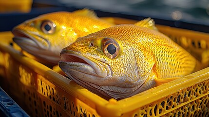 Fresh golden fish in yellow crate at market display