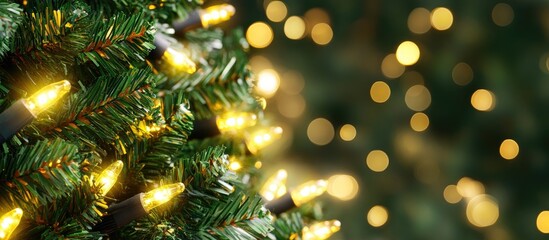 Close up of green LED Christmas lights on a garland with bokeh background creating a festive atmosphere and space for text insertion.