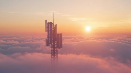 Telecommunication tower with wireless modules and smart antennas above the clouds during sunset for 4G and 5G network communication.