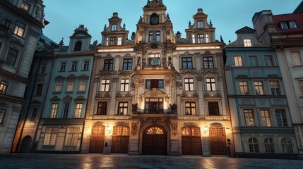Fototapeta premium Stunning architectural facade illuminated during twilight showcasing golden hour colors in a historic urban setting.