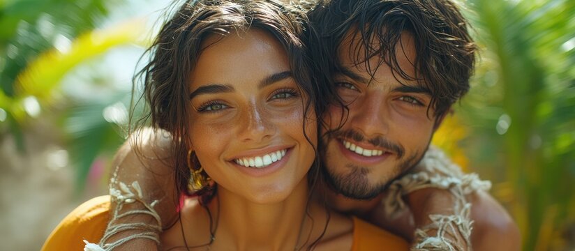 Joyful diverse couple sharing laughter and warmth during a fun outdoor summer gathering in a lush garden setting.