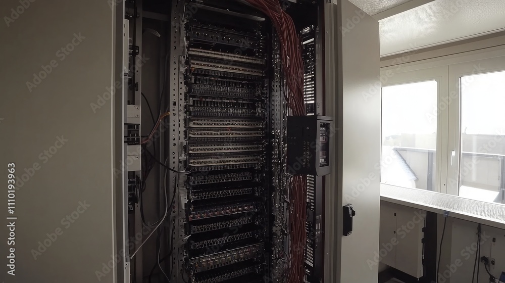 Poster upgrading mobile network infrastructure with new cabling for 5g technology in a telecommunications c