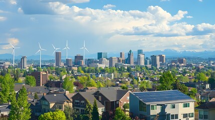Obraz premium City skyline with wind turbines and green landscapes under a blue sky filled with clouds