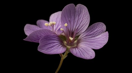 Obraz premium Delicate isolated purple flower with fine details on petals and stamen against a black background for elegant botanical illustrations.