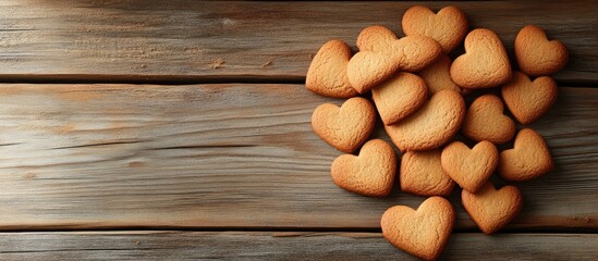 Fototapeta premium Heart shaped cookies arranged on a rustic wooden table, perfect for Valentine's Day or romantic occasions.