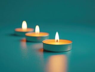 Three lit candles on blue surface