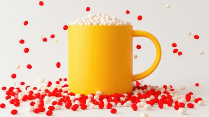 Bright yellow mug filled with colorful beans scattered on a white background creating a playful and vibrant visual composition