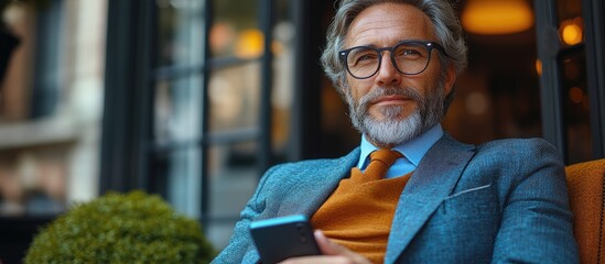 Confident middle aged businessman using smartphone outdoors in urban setting with stylish attire and glasses showcasing a professional demeanor