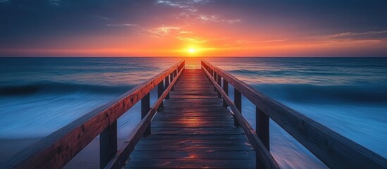 Obraz premium Long exposure sunset over the ocean viewed from a wooden bridge creating a serene coastal landscape