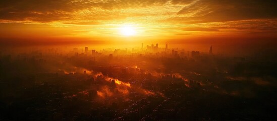Naklejka premium City skyline at sunset with vibrant orange and yellow hues illuminating the horizon and casting shadows over a bustling urban landscape.