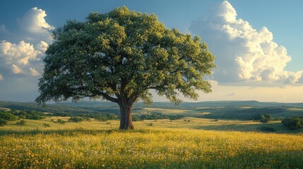 Fototapeta premium Lone tree basking in golden sunlight on a serene summer afternoon in a lush meadow with dramatic clouds in the sky