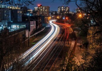 Captivating Night Scene of Railway Tracks Illuminated by Moving Train Lights with Cityscape Background Showcasing Urban Life and Vibrant Night Energy