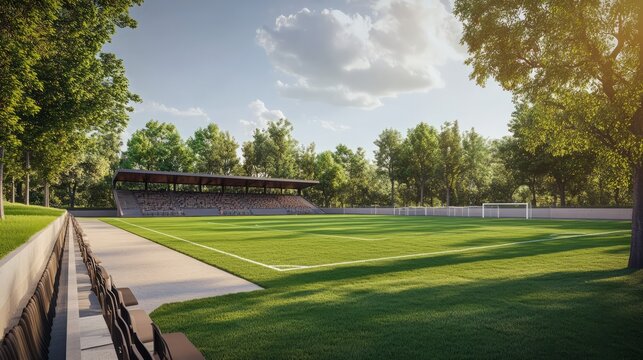 Small local soccer stadium surrounded by trees, simple seating, and grass field