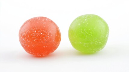 Colorful green and red gummy candies glistening against a clean white background ideal for candy-related marketing and product displays.