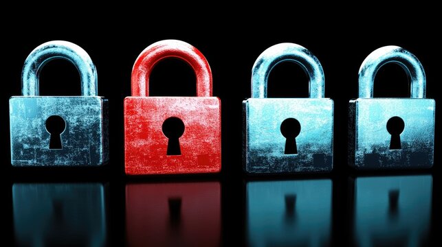 Cybersecurity theme with colorful locks symbolizing data protection and online security in a digital landscape.